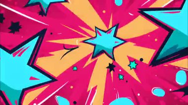 2d çizgi film animasyonlu çizgi roman tarzı düz döngü soyut arka plan canlı renkler, dinamik patlamalar aksiyon sahneleri, hareket grafikleri ve eğlenceli çizgi film tanıtımları için mükemmel..