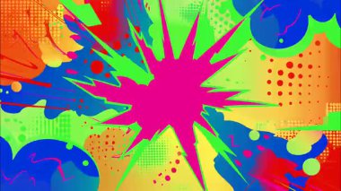 2d çizgi film animasyonlu çizgi roman tarzı düz döngü soyut arka plan canlı renkler, dinamik patlamalar aksiyon sahneleri, hareket grafikleri ve eğlenceli çizgi film tanıtımları için mükemmel..
