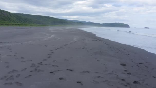 カムチャツカ半島 ロシア 太平洋に黒い砂を持つカラクティスキービーチの空中ドローン映像 — ストック動画
