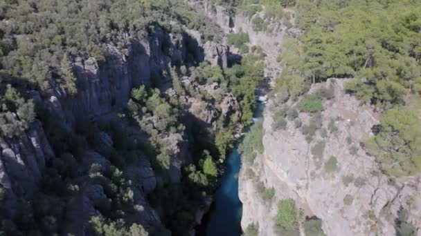 トルコのコプルー渓谷を流れる滝のある山の川の空中ドローン映像 — ストック動画