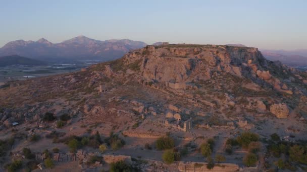 Filmagem Frontal Aérea Ancient City Silyon Pôr Sol Região Antalya — Vídeo de Stock
