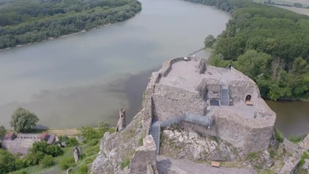 Aerial Drone Footage Devin Castle Bratislava Slovakia — Stock Video