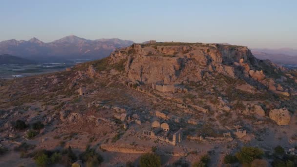 Filmato Aereo Della Città Antica Silyon Tramonto Nella Regione Antalya — Video Stock