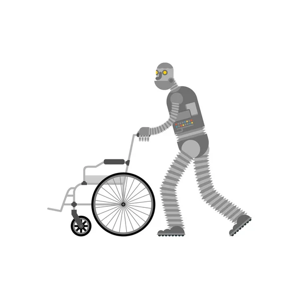 Roboterhelfer Schieben Einen Rollstuhl Isoliert Cyborg Assistent Hilft Behinderten Rollstuhl — Stockvektor