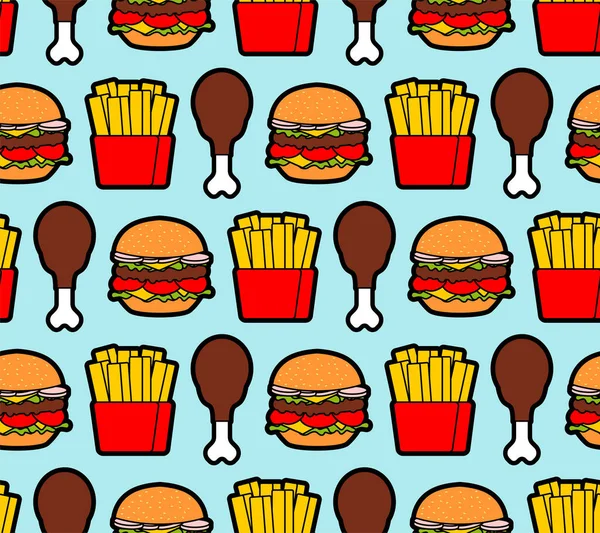 Fast Food Muster Nahtlos Burger Und Gebratene Hähnchenkeule Und Pommes — Stockvektor