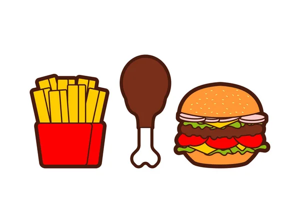Fast Food Ikone Burger Und Gebratene Hähnchenkeule Und Pommes — Stockvektor