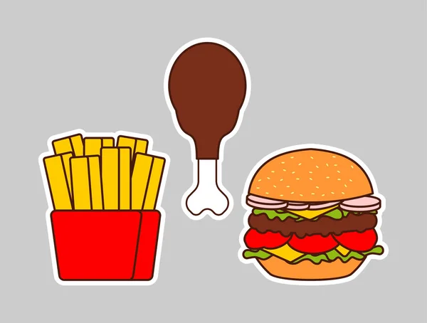 Fast Food Ikone Burger Und Gebratene Hähnchenkeule Und Pommes — Stockvektor