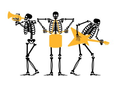 İskeletler rock grubu. İskelet ve gitar. Ölü adam ve davul. İskelet ve trompet