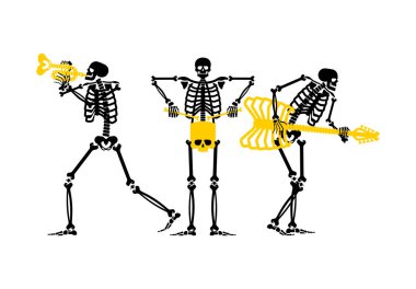 İskeletler rock grubu. İskelet ve gitar. Ölü adam ve davul. İskelet ve trompet