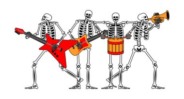İskeletler rock grubu. İskelet ve gitar. Ölü adam ve davul. İskelet ve trompet