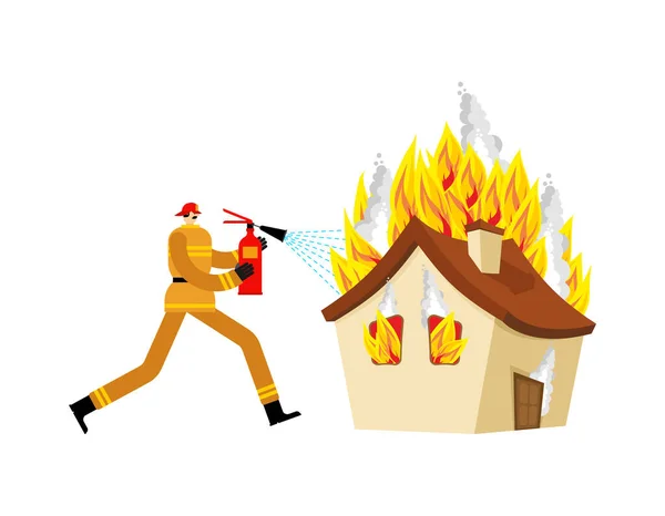 Strażacy Gaszą Dom Dom Jest Ogniu Strażak Przeciwpożarowe — Wektor stockowy
