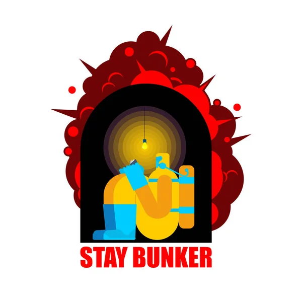 Bleiben Sie Bunker Mann Strahlenschutzanzug Bunker Vor Atomexplosion Zukunft Nach — Stockvektor