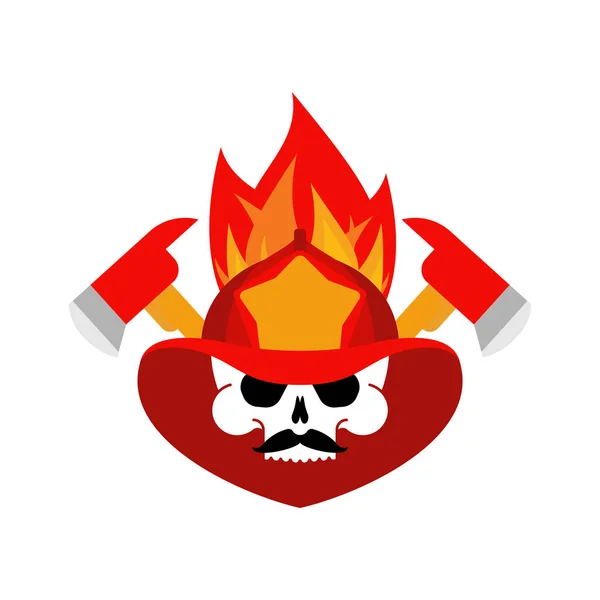 ヘルメットサインの消防スカル 火の斧と炎 消防署のシンボルだ 消防士の紋章 — ストックベクタ