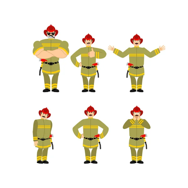 Les Pompiers Posent Bougent Pompier Heureux Yoga Homme Endormi Colère — Image vectorielle