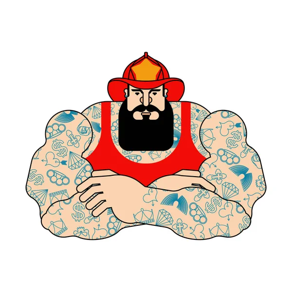 Strong Firefighter Beard Tattoos Vector Illustration — Stock Vector
