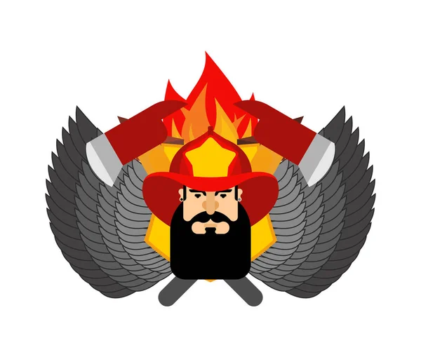 ヘルメットのサインで消防士 火の斧と炎 消防署のシンボルだ 消防士の紋章 — ストックベクタ