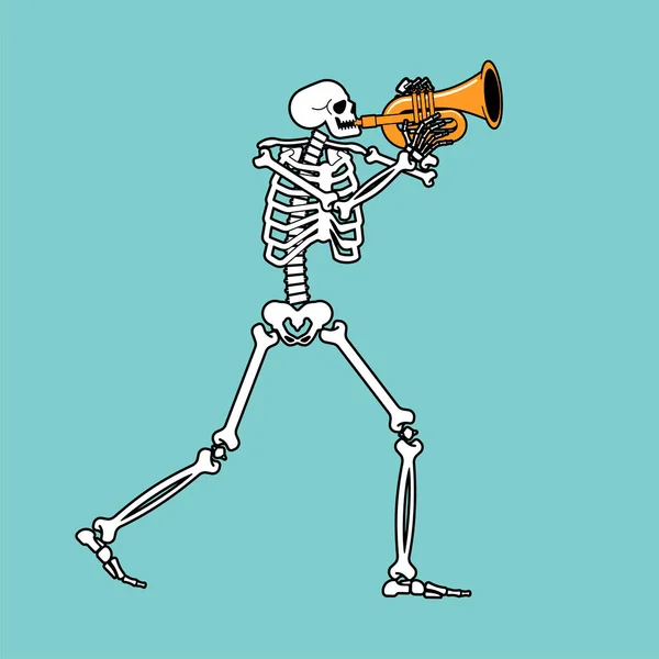 Skelet Met Trompet Skeletmusicus Bugel Dood Vectorillustratie — Stockvector
