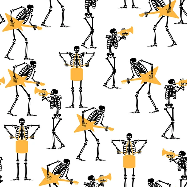 Skeletons Ροκ Μπάντα Pattern Αδιάλειπτη Σκελετός Και Κιθάρα Φόντο Νεκρός — Διανυσματικό Αρχείο