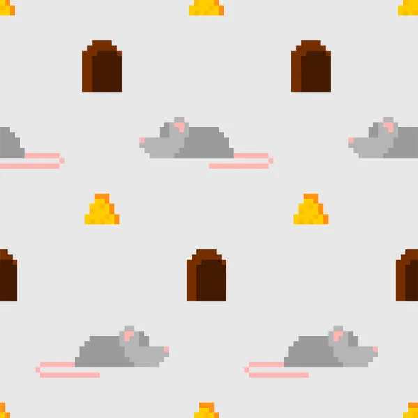 Pixel Art Mouse Formaggio Pattern Senza Soluzione Continuità Tessuto Bambini — Vettoriale Stock