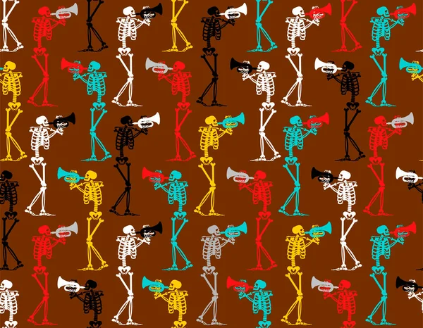 Skelet Met Trompet Patroon Naadloos Skeletmusicus Achtergrond Bugel Dood Ornament — Stockvector