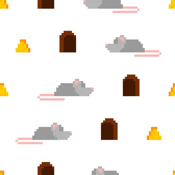 Pixel Sztuki Mouse Ser Wzór Bez Szwu Bitowa Tekstura Tkaniny — Wektor stockowy