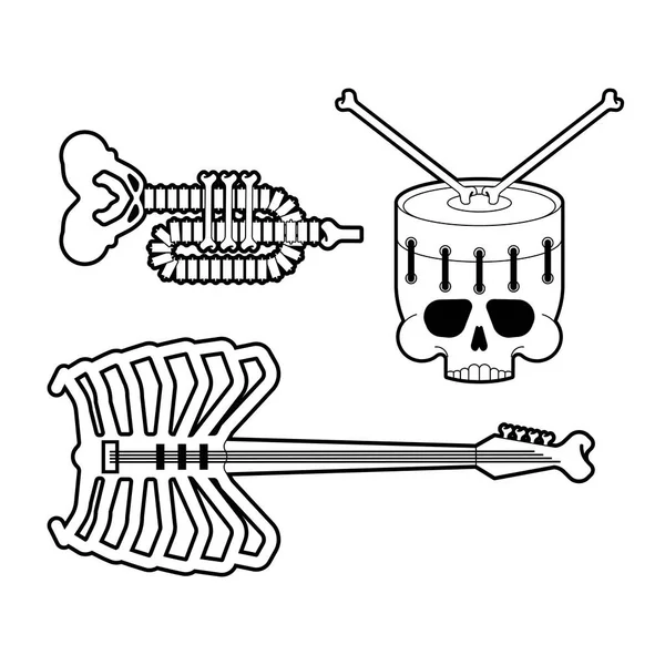 Musical Instrument Bones Set Skeleton Bugle Trumpet Death Guitar Drum — Stock Vector