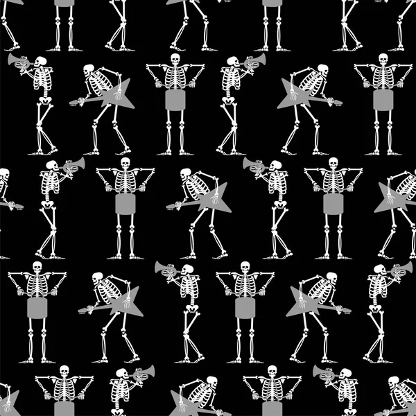 Skeletons Ροκ Μπάντα Pattern Αδιάλειπτη Σκελετός Και Κιθάρα Φόντο Νεκρός — Διανυσματικό Αρχείο