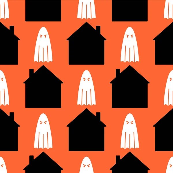 幽霊と家パターンシームレス 故郷の幽霊背景 ハロウィンの風合い — ストックベクタ