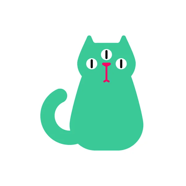 Gato Alienígena Con Tres Ojos Monstruo Verde Mascota Otro Planeta — Vector de stock