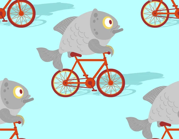 Peces Bicicleta Patrón Sin Costuras Carpa Bicicleta Fondo Dibujos Animados — Vector de stock