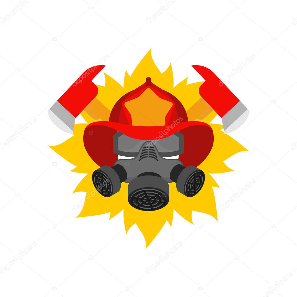 Firefighter in helmet sign. Fire ax and flame. Fire department symbol. fireman emblem