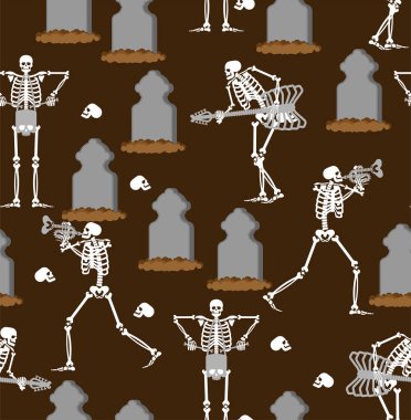 Mezarlıktaki İskeletler Rock konseri kusursuz. İskelet rock grubu. Ölü adam ve gitar. İskelet ve davul.  
