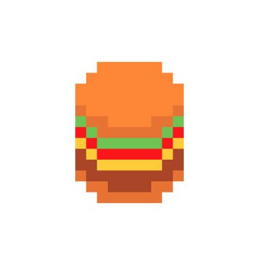 Hamburger piksel sanatı. Hamburger 8 bit ikonu. Basitleştirilmiş fast food sembolü pikselleştirildi