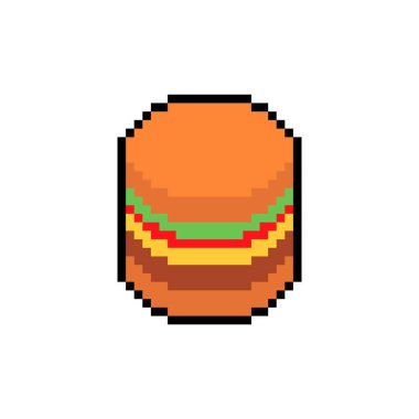 Hamburger piksel sanatı. Hamburger 8 bit ikonu. Basitleştirilmiş fast food sembolü pikselleştirildi