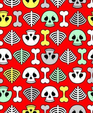 Kafatası çizgi filmi desenleri kusursuz. Komik iskelet arka plan. kemik dokusu