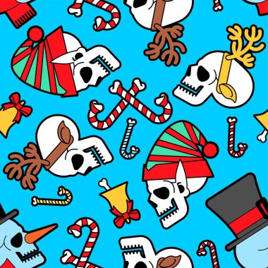 Noel kafatası desenleri kusursuz. Noel Baba 'nın iskelet kafası ve yardımcı dokusu. Noel ve Yeni Yıl Korkunç geçmişi.