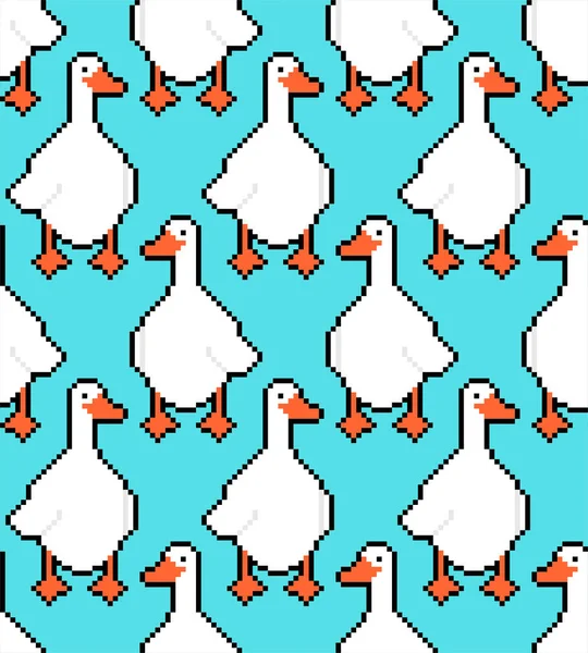 Witte Gans Pixel Kunst Patroon Naadloos Bit Watervogels Achtergrond Gepixelde — Stockvector