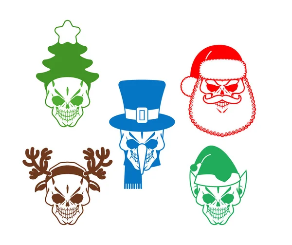 Crânes Noël Posés Skeleton Chef Père Noël Ses Aides Noël — Image vectorielle