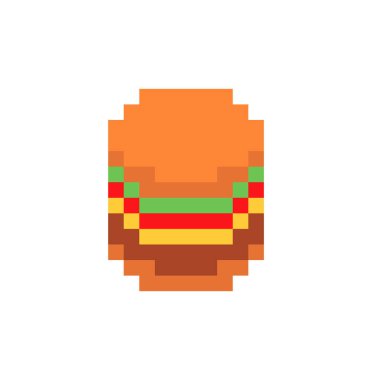 Hamburger piksel sanatı. Hamburger 8 bit ikonu. Basitleştirilmiş fast food sembolü pikselleştirildi