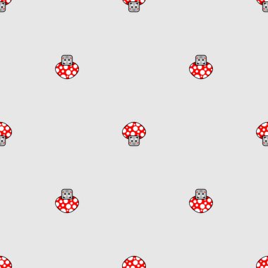 Sevimli Amanita desenleri kusursuz. Neşeli çizgi film kırmızı mantar arka planı