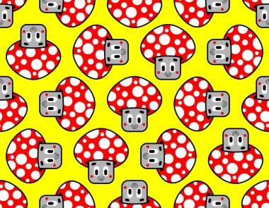 Sevimli Amanita desenleri kusursuz. Neşeli çizgi film kırmızı mantar arka planı