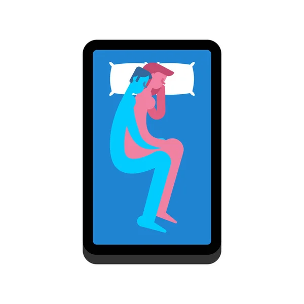 インターネット上でのセックス カップルはベッドの上のような携帯電話に横たわっている — ストックベクタ