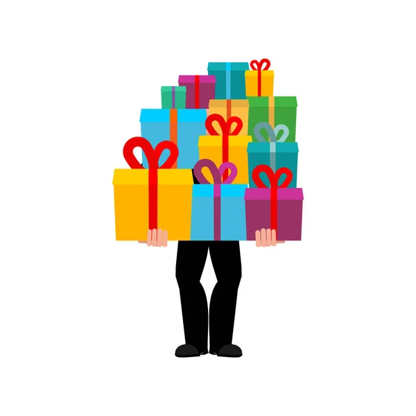 Man Gives Bunch Gifts Box Many Gift Boxes Congratulations Man — Stock Vector