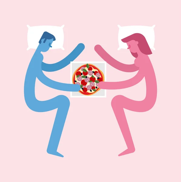 Aşık Çift Yatakta Pizza Yiyor — Stok Vektör