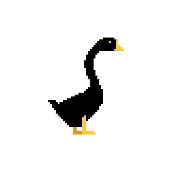 Pixel Art Černá Husa Izolované Bitů Black Farm Bird Pixelovaná — Stockový vektor