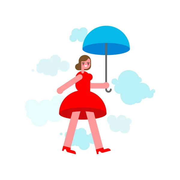 Cheerful Woman Flies Umbrella Vector Illustration — Stock Vector