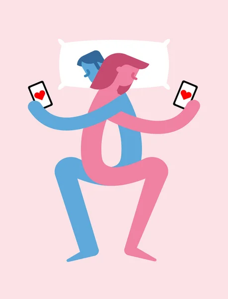 Les Amoureux Embrassent Regardent Leurs Téléphones Couple Lit Regarder Des — Image vectorielle