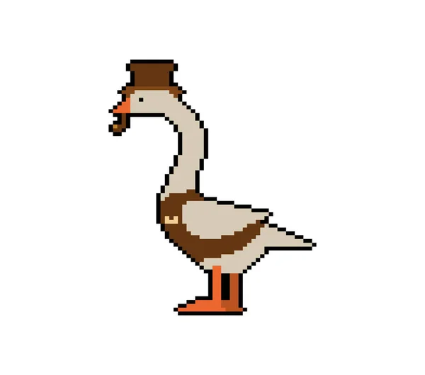 Goose Aristocrat Pixel Art Bit Goose Hat Smoking Pipe Pixelated — Stock Vector