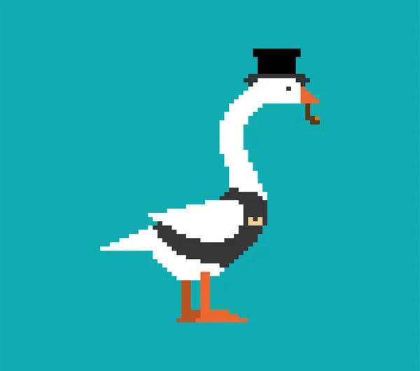 Goose Aristocrat Pixel Art Bit Goose Hat Smoking Pipe Pixelated — Stock Vector