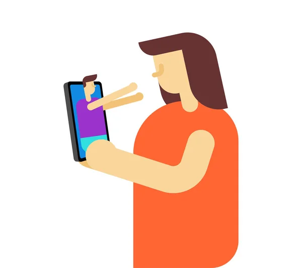 Amante Virtual Chico Mujer Smartphone Una Mujer Gadget Abraza Hombre — Archivo Imágenes Vectoriales